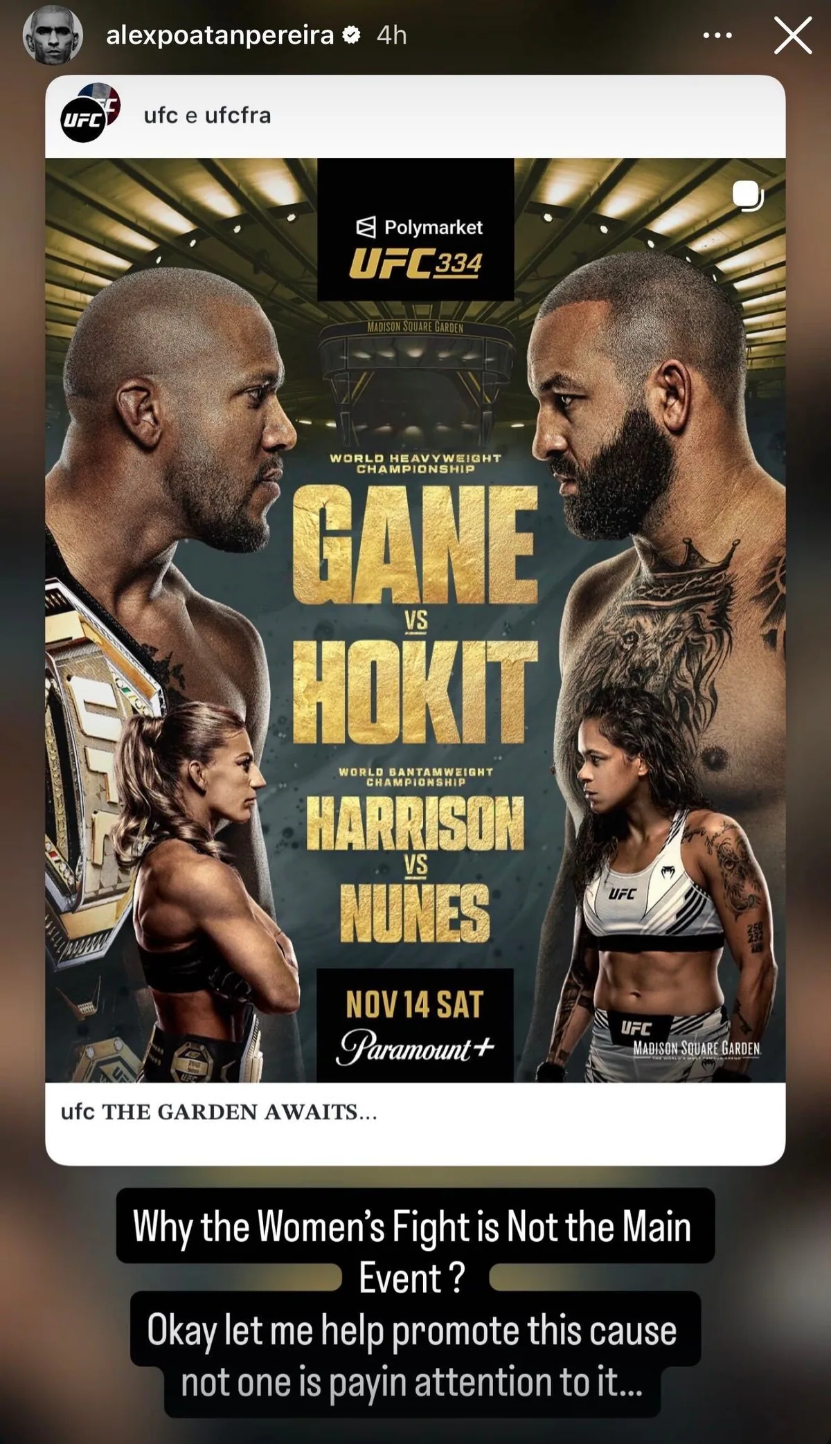 Pereira questions UFC 334 main event choice